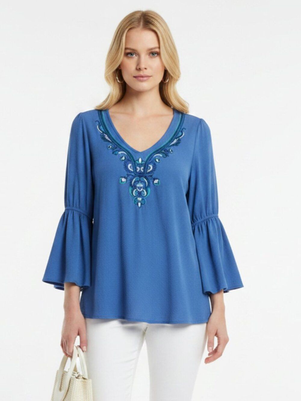 Octavia Steel Blue Embroidered Long Sleeve Peasant Boho Blouse Top M